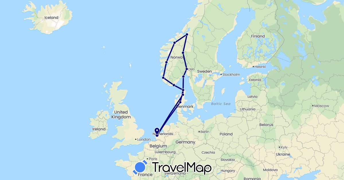 TravelMap itinerary: driving in Denmark, Netherlands, Norway (Europe)